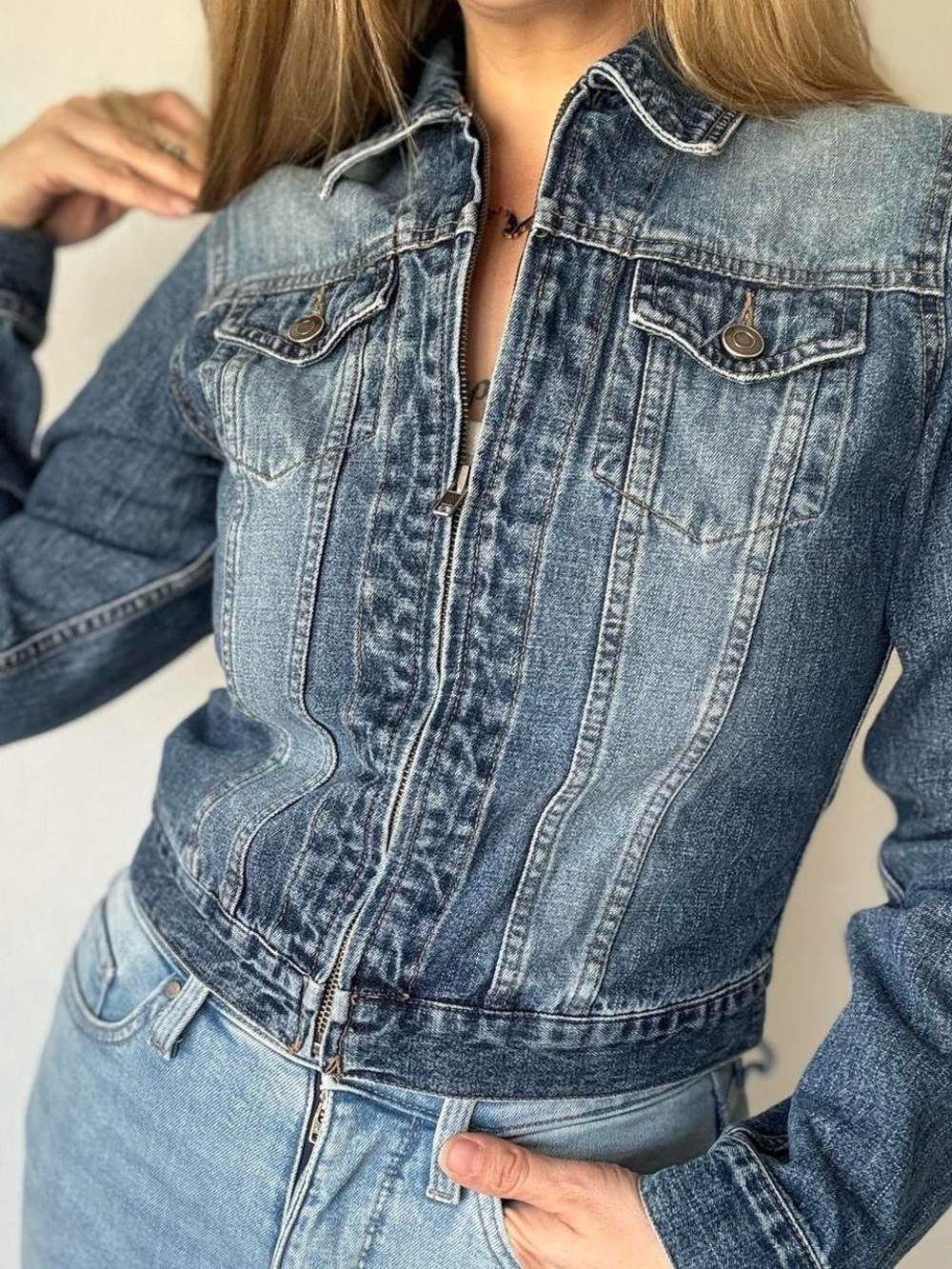 Classic Wash Denim y2k  Zip-Up Jacket